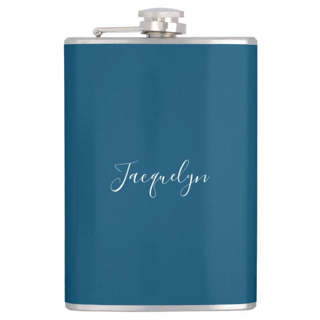Ocean Blue Plain Elegant Modern Calligraphy Name Hip Flask (Front)