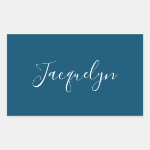 Ocean Blue Plain Elegant Modern Calligraphy Name Rectangular Sticker