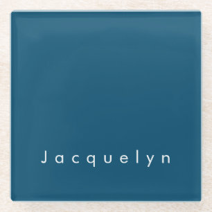 Ocean Blue Plain Elegant Modern Minimalist Name Glass Coaster