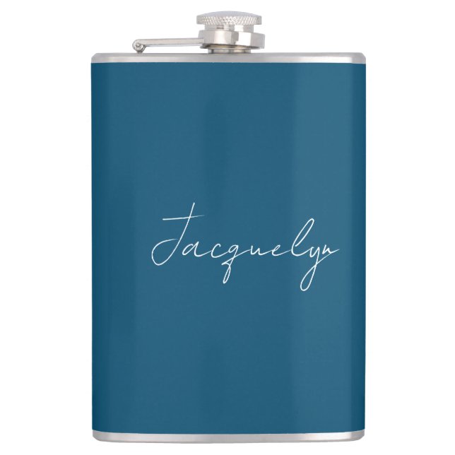 Ocean Blue Plain Elegant Modern Minimalist Name Hip Flask (Front)