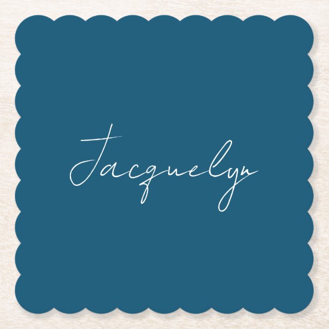 Ocean Blue Plain Elegant Modern Minimalist Name Paper Coaster (Front)
