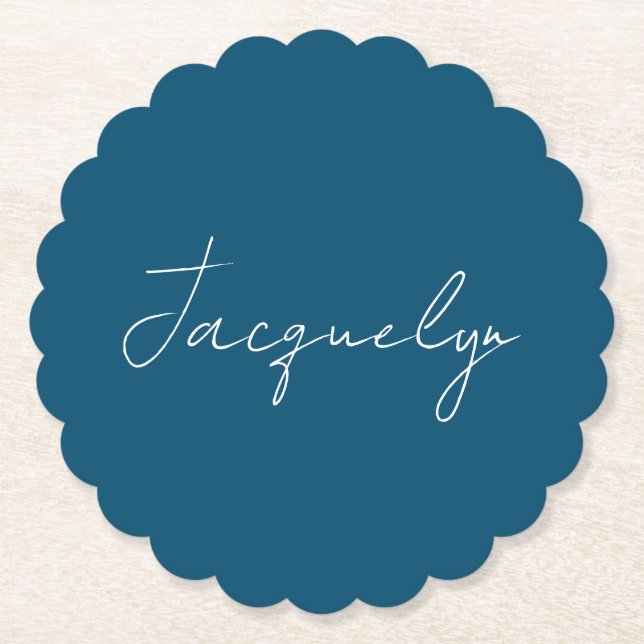 Ocean Blue Plain Elegant Modern Minimalist Name Paper Coaster (Front)