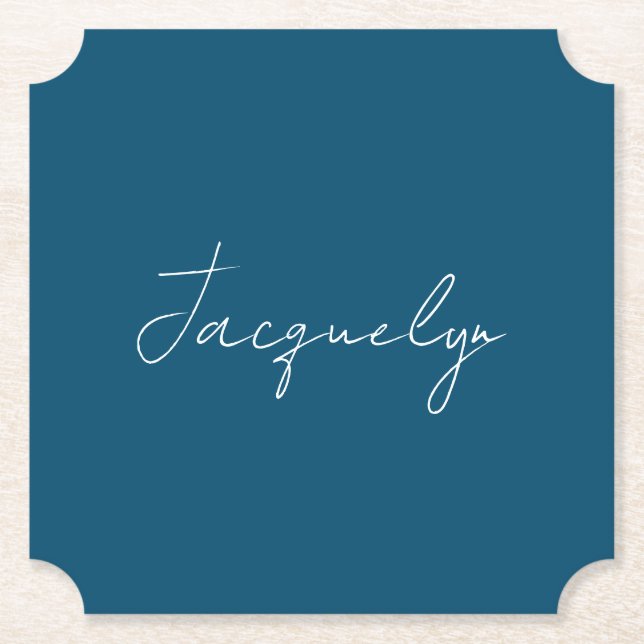 Ocean Blue Plain Elegant Modern Minimalist Name Paper Coaster (Front)