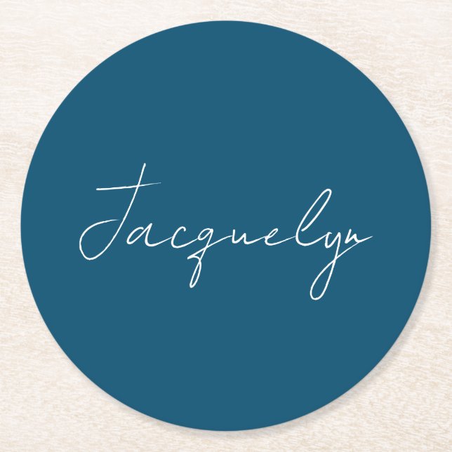 Ocean Blue Plain Elegant Modern Minimalist Name Round Paper Coaster (Front)