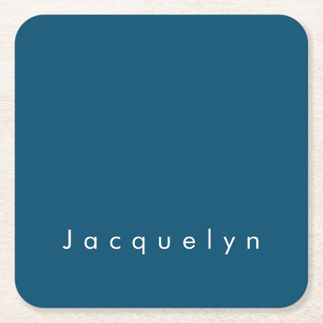 Ocean Blue Plain Elegant Modern Minimalist Name Square Paper Coaster (Front)