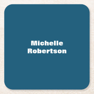 Ocean Blue Plain Minimalist Add Own Name Square Paper Coaster