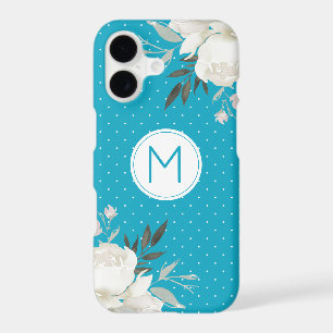 Ocean Blue Polka Dot White Rose Floral Monogram