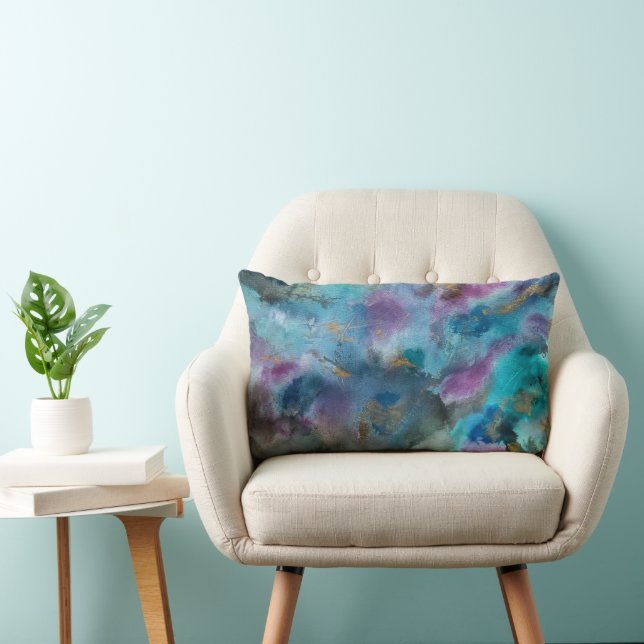 Ocean Blue Purple Gold Watercolor Abstract  Art Lumbar Cushion (Chair)