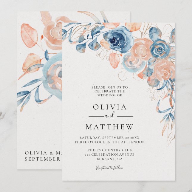 Ocean Blue Rose Coral Destination Wedding Invitation (Front/Back)