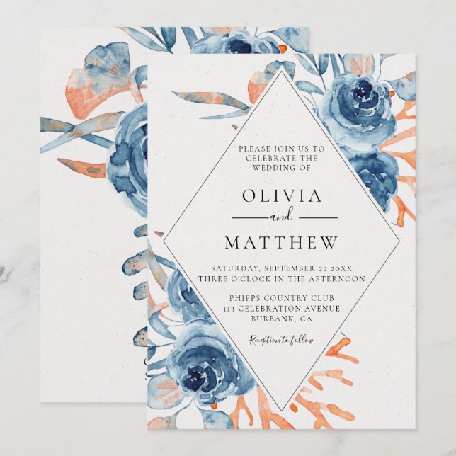Ocean Blue Rose Coral Destination Wedding Invitation (Front/Back)