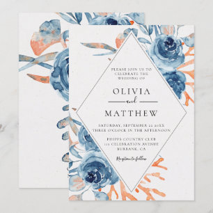 Ocean Blue Rose Coral Destination Wedding Invitation