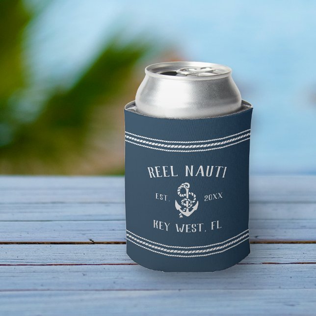 Ocean Blue Rustic Anchor Personalised Boat Name Can Cooler (Creator Uploaded)