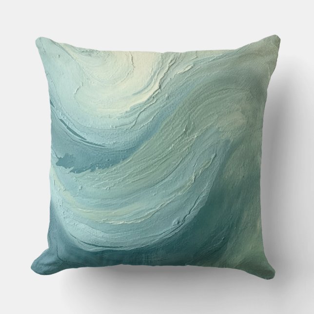 Ocean Blue Sage Green Modern Coastal Waves Print Cushion (Front)