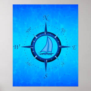 Ocean Blue Sailboat And Compass Rose Poster