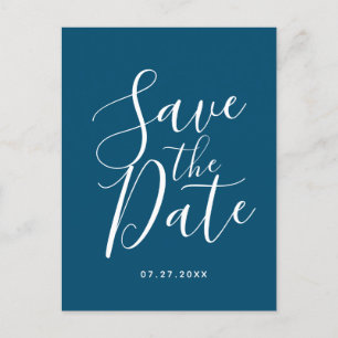Ocean Blue Script Save The Date Wedding Postcard
