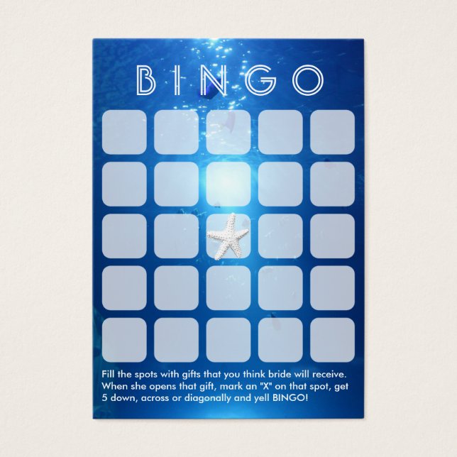 Ocean Blue Sea Themed 5x5 Bridal Bingo Card (Front)