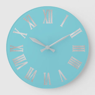 Ocean Blue Silver Metallic Grey Roman Numbers Large Clock