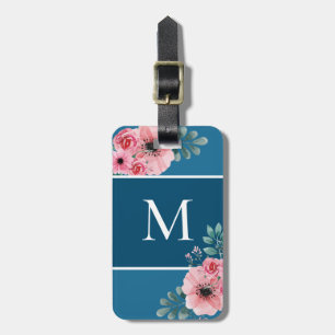 Ocean Blue Simple Colour Block Monogram Floral Luggage Tag