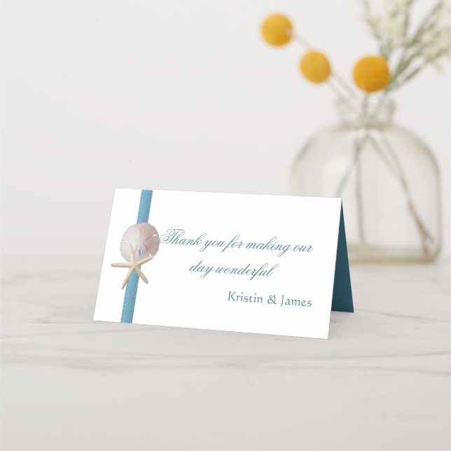 Ocean Blue Starfish and Sand Dollar Place Card (Front)