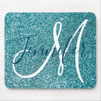 Ocean Blue Teal Faux Glitter Personalised Monogram Mouse Mat