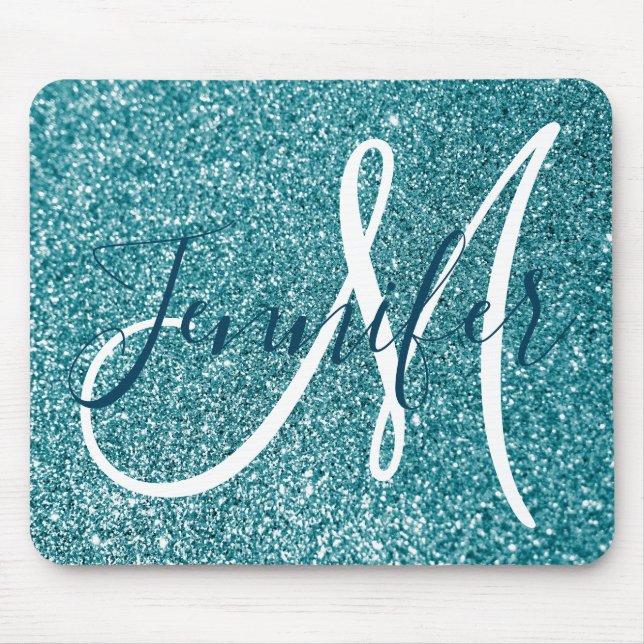 Ocean Blue Teal Faux Glitter Personalised Monogram Mouse Mat (Front)