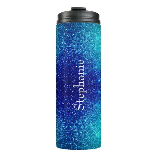 Ocean Blue Teal Glittery Ombre Custom Name Cute Thermal Tumbler (Front)