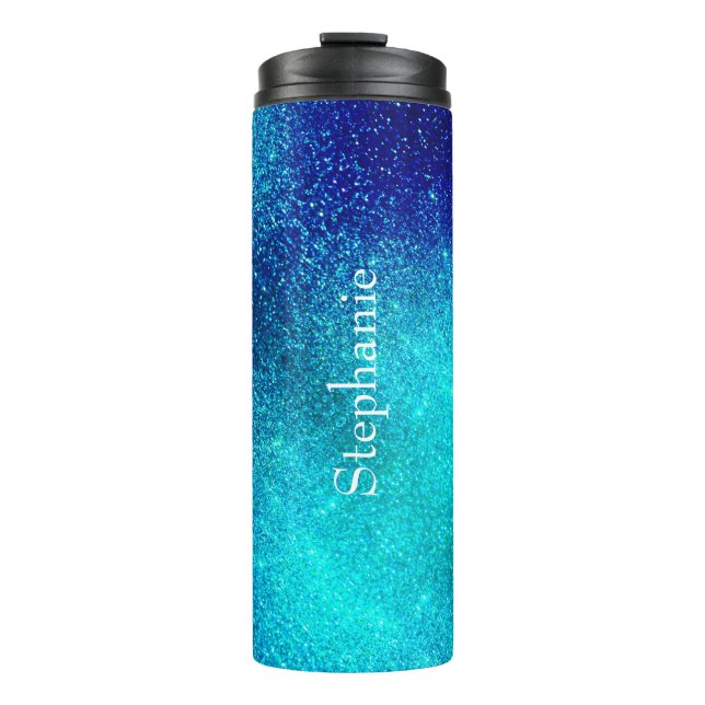 Ocean Blue Teal Glittery Ombre Custom Name Cute Thermal Tumbler (Front)
