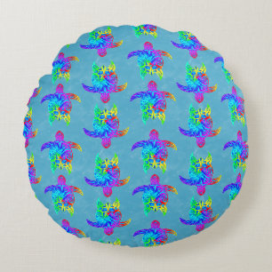 Ocean Blue Tie Dye Island Tribal Turtles Round Cushion