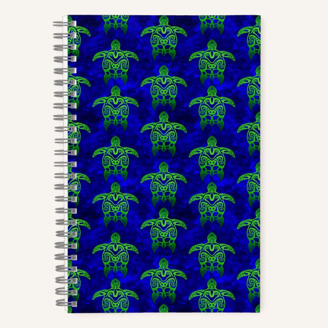 Ocean Blue Tribal Green Sea Turtles Notebook (Front)