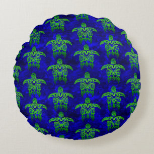 Ocean Blue Tribal Green Sea Turtles Round Cushion