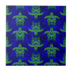 Ocean Blue Tribal Green Sea Turtles Tile