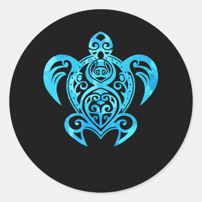 Ocean Blue Tribal Hawaiian Sea Turtle Classic Round Sticker (Front)