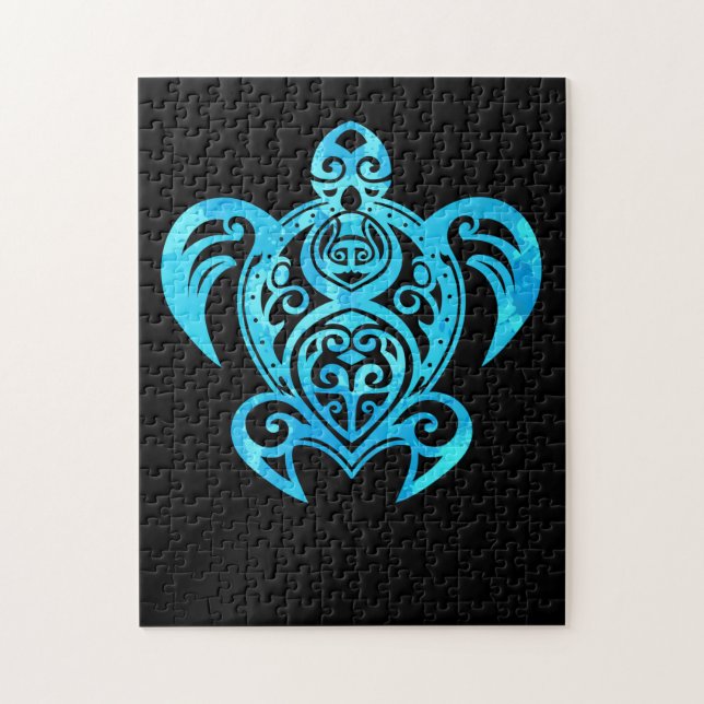 Ocean Blue Tribal Hawaiian Sea Turtle Jigsaw Puzzle (Vertical)