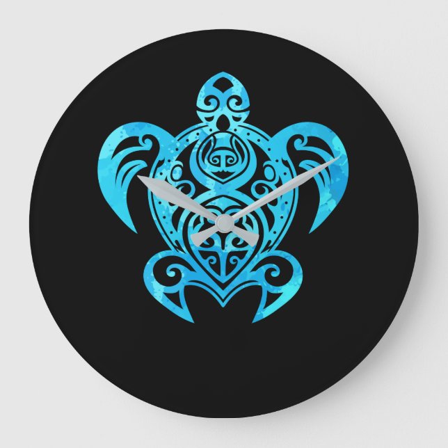 Ocean Blue Tribal Hawaiian Sea Turtle Large Clock (Front)
