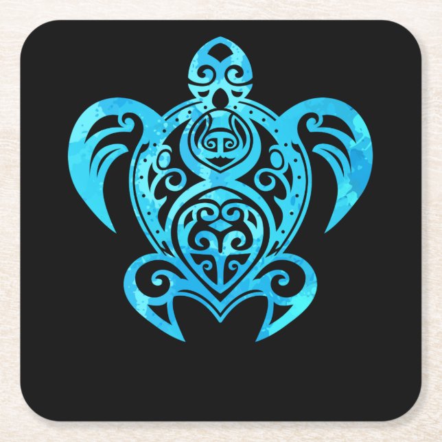 Ocean Blue Tribal Hawaiian Sea Turtle Square Paper Coaster (Front)