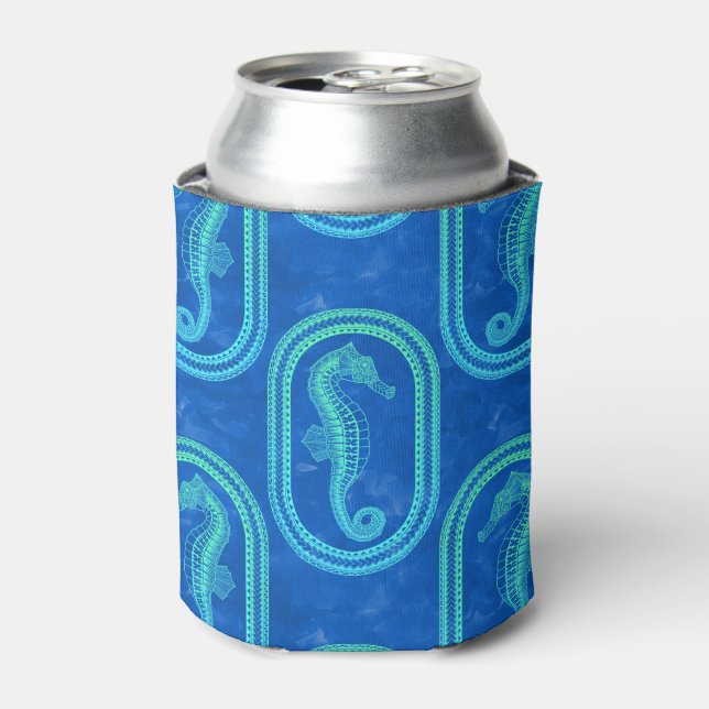 Ocean Blue Tribal Island Seahorse Can Cooler (Can Front)