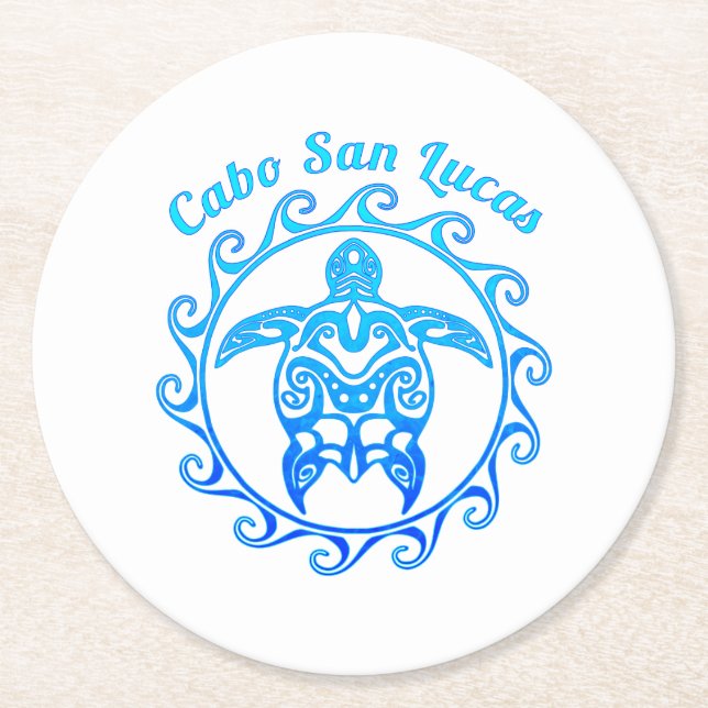 Ocean Blue Tribal Turtle Cabo San Lucas Round Paper Coaster (Front)
