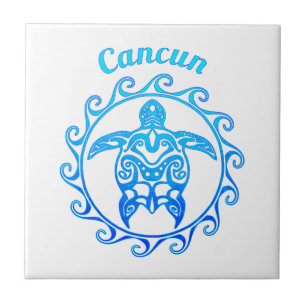 Ocean Blue Tribal Turtle Cancun Tile