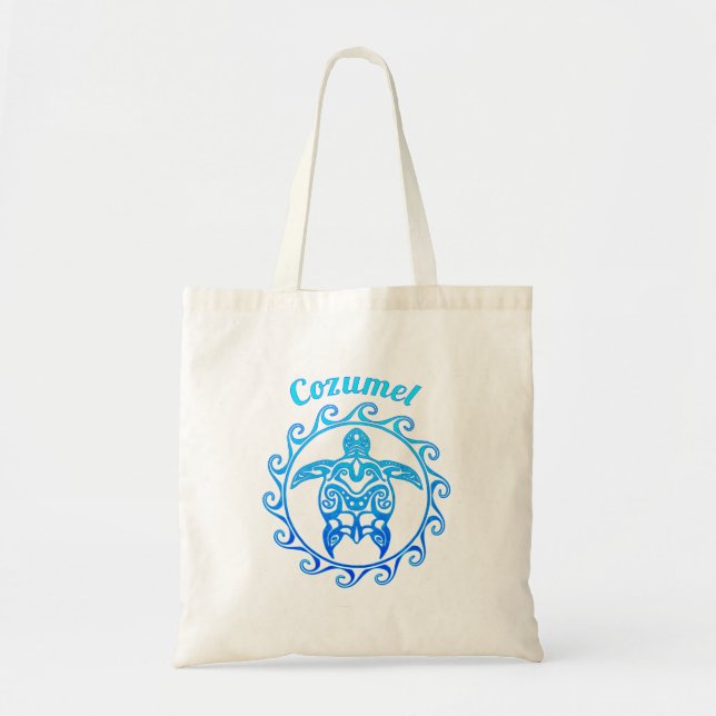 Ocean Blue Tribal Turtle Cozumel Tote Bag (Front)