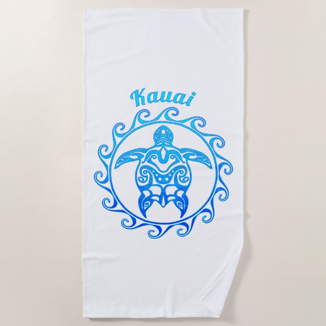 Ocean Blue Tribal Turtle Kauai Beach Towel (Front)