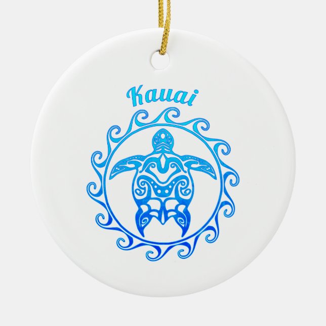 Ocean Blue Tribal Turtle Kauai Ceramic Tree Decoration (Front)