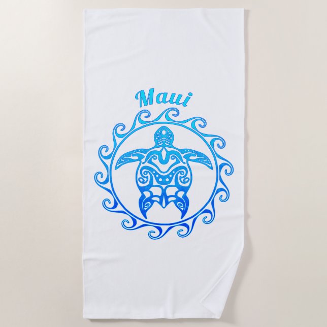 Ocean Blue Tribal Turtle Maui Beach Towel (Front)