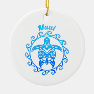 Ocean Blue Tribal Turtle Maui Ceramic Tree Decoration