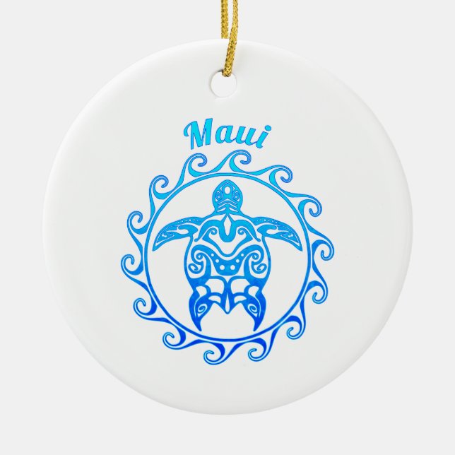 Ocean Blue Tribal Turtle Maui Ceramic Tree Decoration (Front)