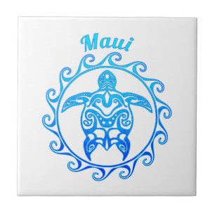 Ocean Blue Tribal Turtle Maui Tile