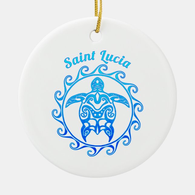 Ocean Blue Tribal Turtle Saint Lucia Ceramic Tree Decoration (Front)