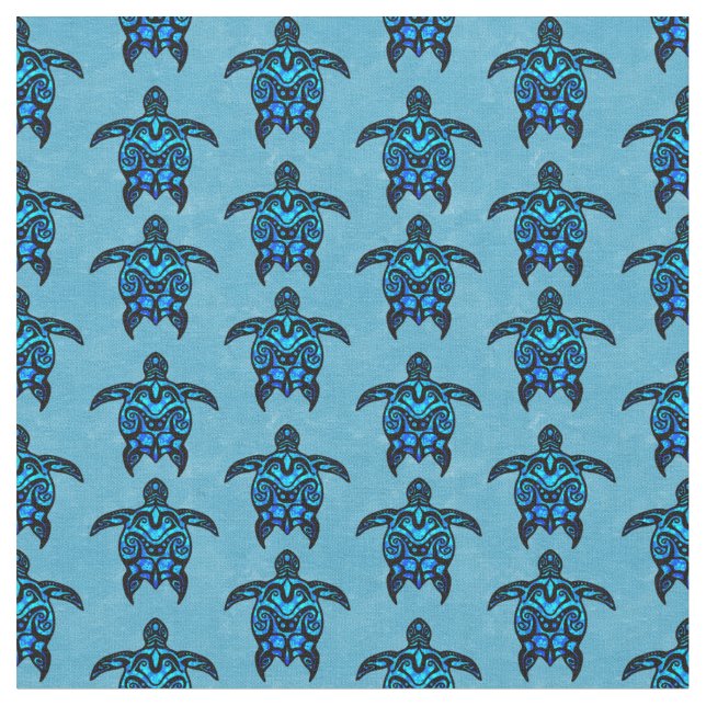 Ocean Blue Tribal Turtles Fabric (Close Up)