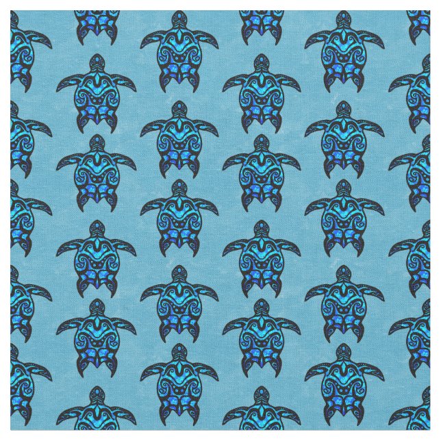 Ocean Blue Tribal Turtles Fabric (Close Up)