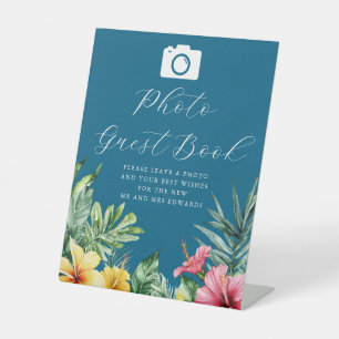 Ocean Blue Tropical Floral Photo GuestBook Wedding Pedestal Sign