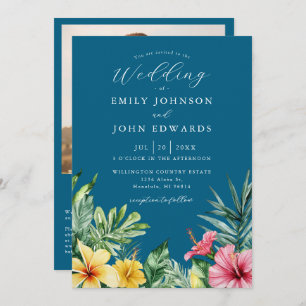 Ocean Blue Tropical Flowers Photo QR Code Wedding Invitation